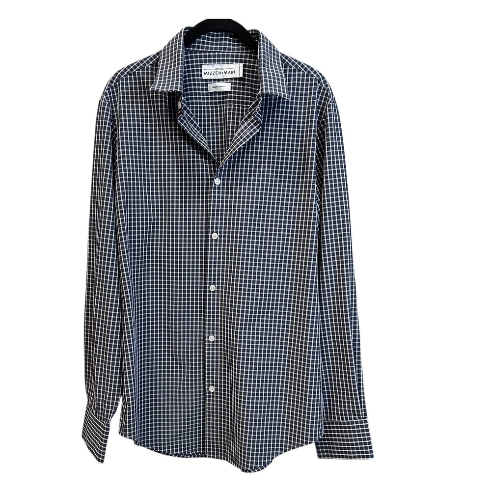 Mizzen+Main Leeward Long Sleeve Performance Dress‎ Shirt Navy White Check Size M